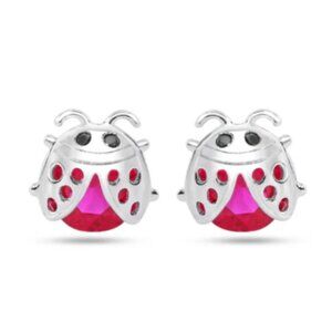 Sterling Silver 925 Rhodium Plated Lady Bug Red CZ Stud Earrings